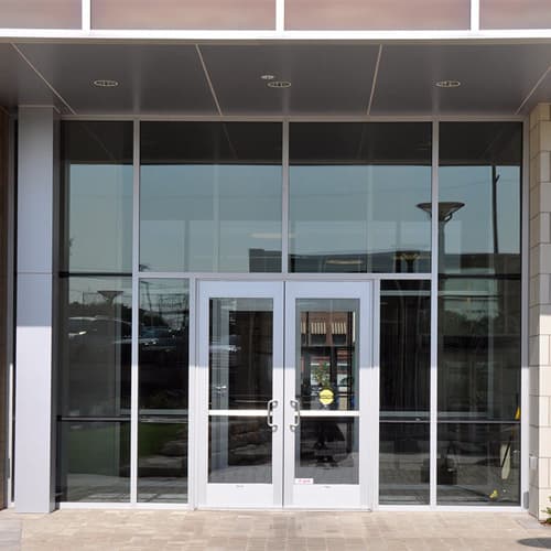Commercial building entrance with glass doors