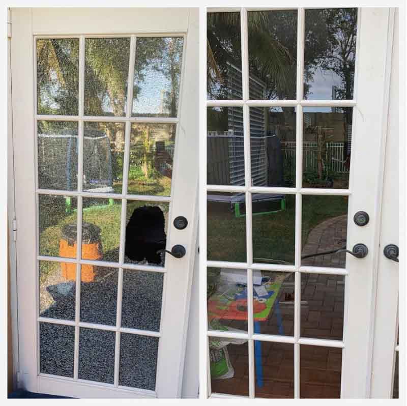 Residential glass door before and after emergency repair
